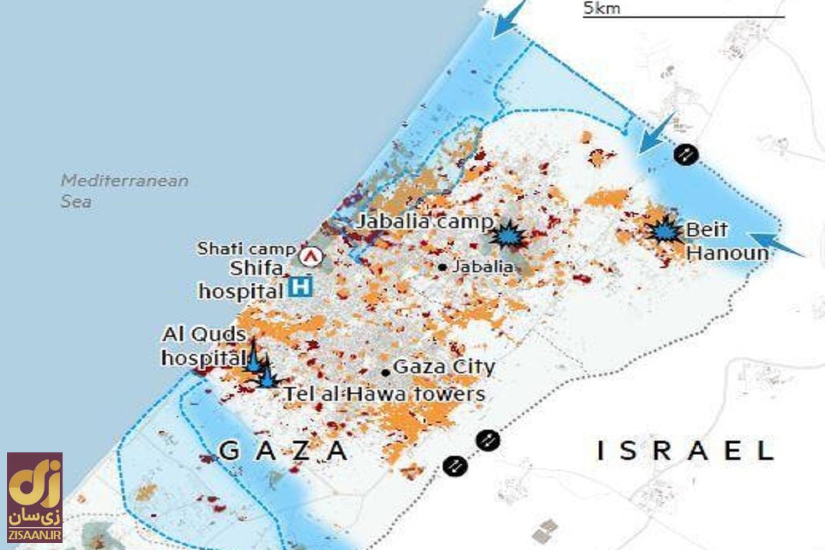 (ویدئو) نقشه میدانی عملیات زمینی ارتش اسرائیل به غزه از آغاز تا امروز